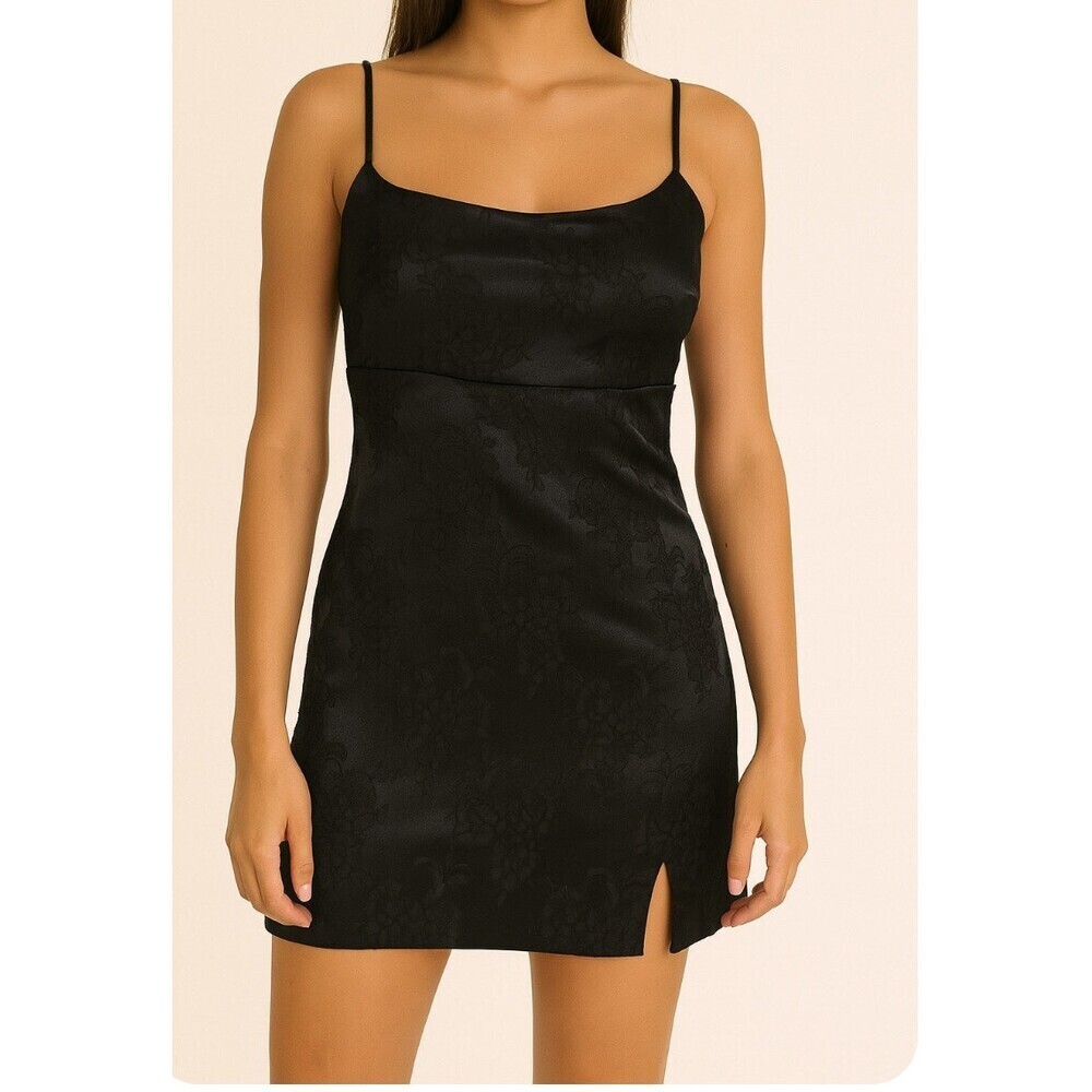 Wild Fable satin floral textured black dress spaghetti strap back zip slip dress